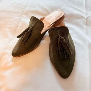 Suede Olive Tassel Mules LOVE! Bought in Morocco. Size 8/fits like 7 never worn
